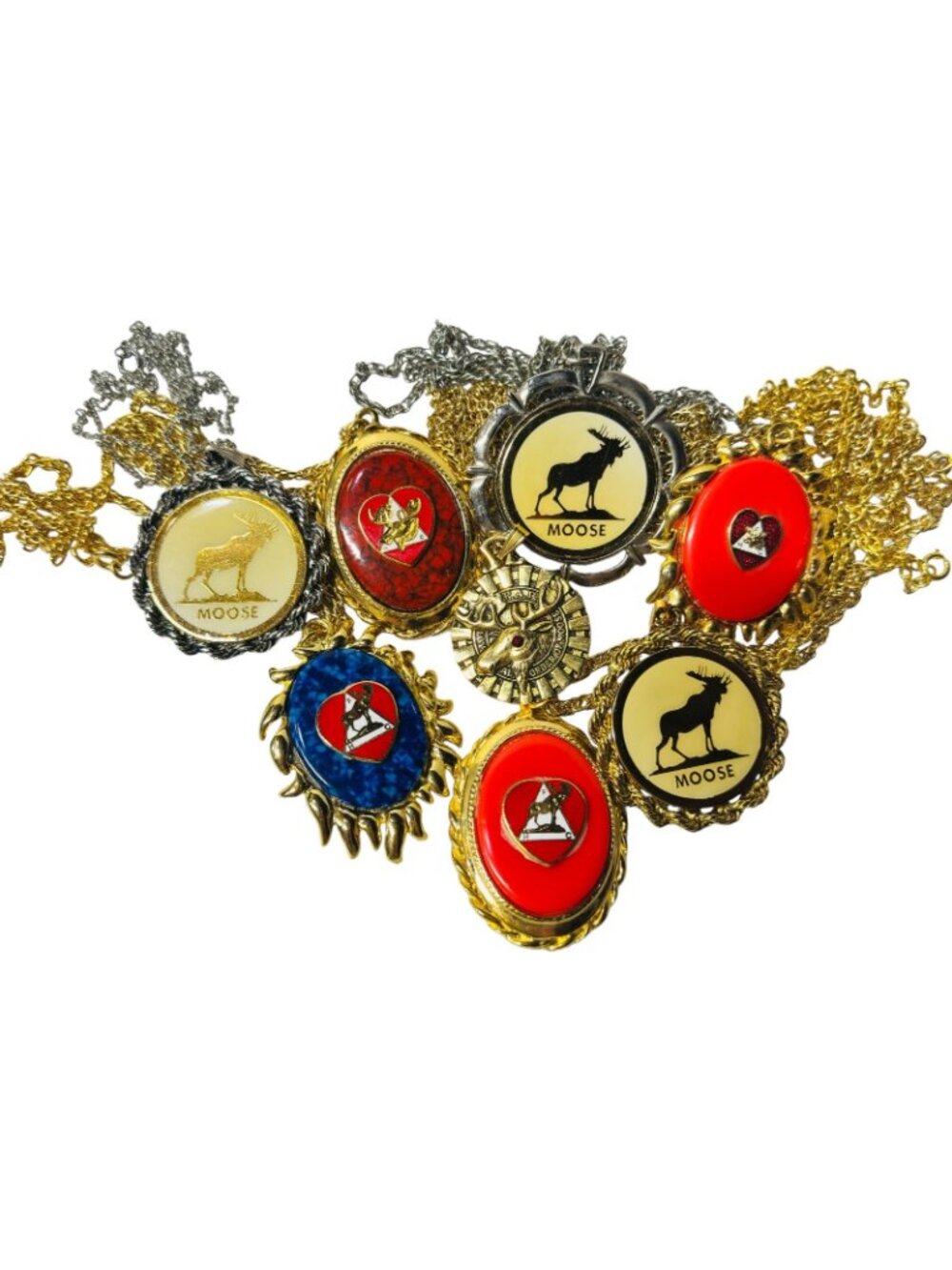 Vintage Moose Lodge Pendant Necklace Lot Fraternal Jewelry Red Blue Gold Tone - Picture 3 of 3